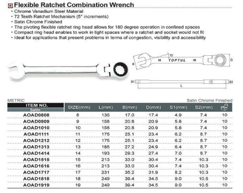 Ключ комбинированный трещоточный шарнирный TOPTUL 12мм AOAH1212