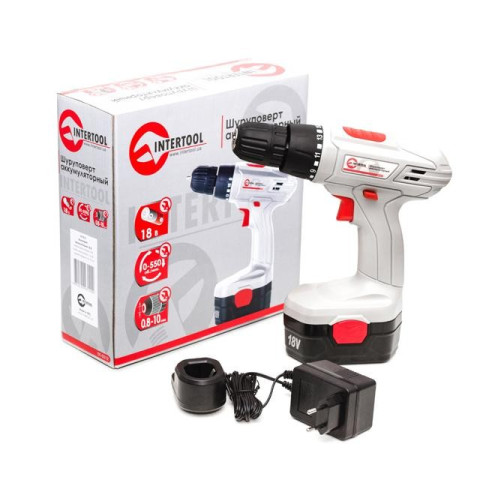 Дрель-шуруповерт аккумуляторная NiCd 18В, 1 аккумулятор, 1.2Ач, 0-10мм, 16Нм INTERTOOL DT-0312