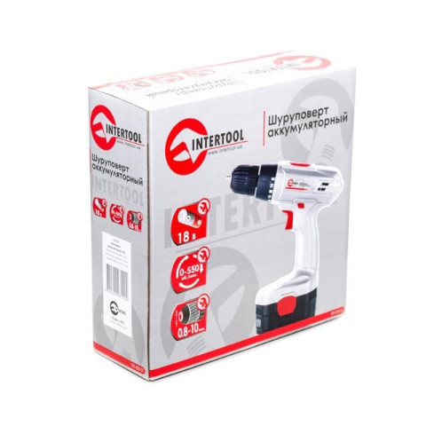Дрель-шуруповерт аккумуляторная NiCd 18В, 1 аккумулятор, 1.2Ач, 0-10мм, 16Нм INTERTOOL DT-0312