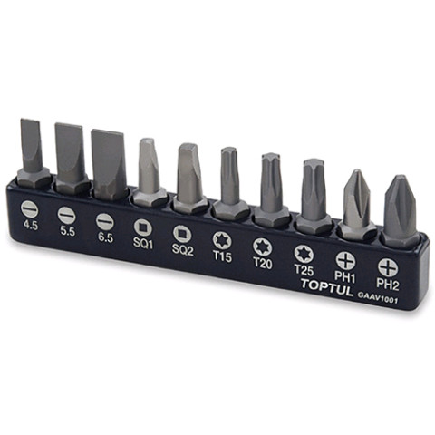 Набор бит для шуруповерта TOPTUL 1/4" 10ед. (PH,SL,Torx,SQ) GAAV1001