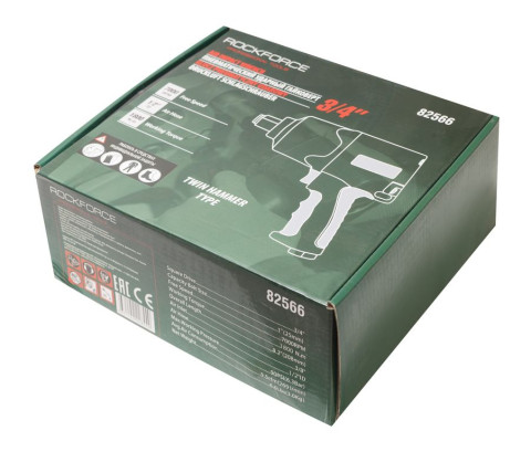 Пневмогайковерт ударный ''Twin Hammer''с реверсом и регулировкой усилия в облегченном корпусе 3/4''(1800Hм, 7000 об/мин,6.3bar,269л/мин,вес 3кг) RF-82566