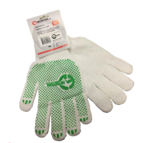 Перчатка трикотажная 60% хлопок / 40% полиэстер, 6 нитей, с ПВХ точкой, класс вязки 7, цвет белый, с плакировкой INTERTOOL SP-0126