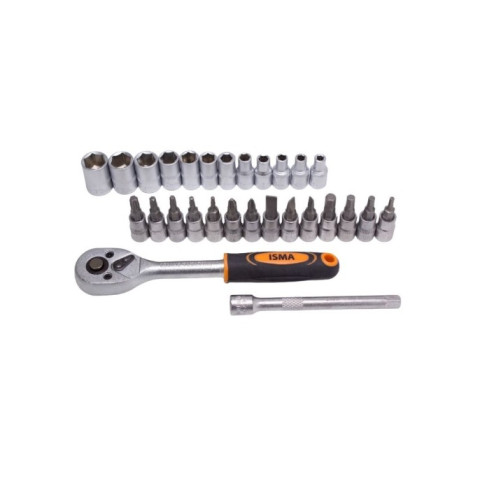 Набор головок и бит с трещоткой 28пр. 1/4''(4-13мм, Torx:T10,15,20,25,30, Hex:3-6мм,SL:4,5.5,7мм, PH1,2),в пластиковом держателе IS-2028-5