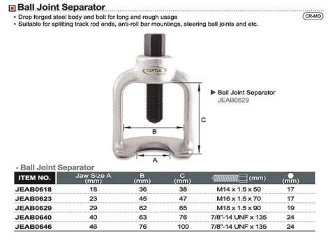 Съемник рулевых тяг и шаровых опор 46х76х100 мм TOPTUL JEAB0646