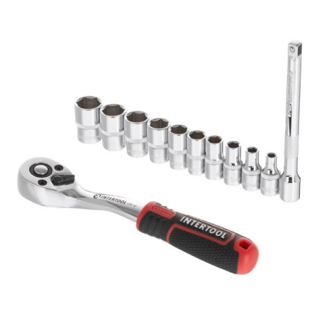 Набор головок 1/4" 4-13 мм., удлинитель, рукоятка с храповым механизмом 72 зуба, 12ед., Cr-V STORM INTERTOOL ET-8012