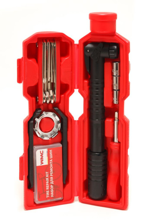 Набор инструментов для обслуживания велосипеда 27пр.+держатель фляги,в тубе(красный)